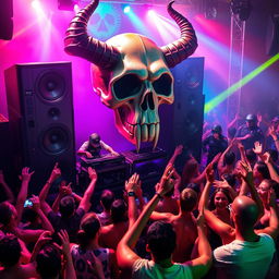 A vibrant and energetic rave scene featuring a large soundsystem with enormous speakers and a strikingly detailed big skull adorned with menacing horns
