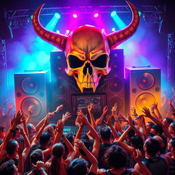 A vibrant and energetic rave scene featuring a large soundsystem with enormous speakers and a strikingly detailed big skull adorned with menacing horns