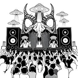 A striking 2D black and white illustration in the freetekno style, showcasing a bold soundsystem with massive speakers and an intricately detailed big ibex skull featuring prominent horns