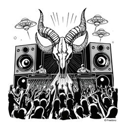 A striking 2D black and white illustration in the freetekno style, showcasing a bold soundsystem with massive speakers and an intricately detailed big ibex skull featuring prominent horns