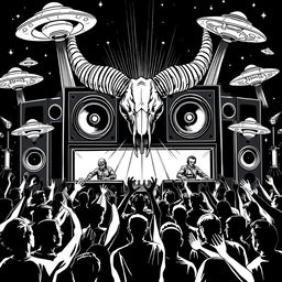 A striking 2D black and white illustration in the freetekno style, showcasing a bold soundsystem with massive speakers and an intricately detailed big ibex skull featuring prominent horns