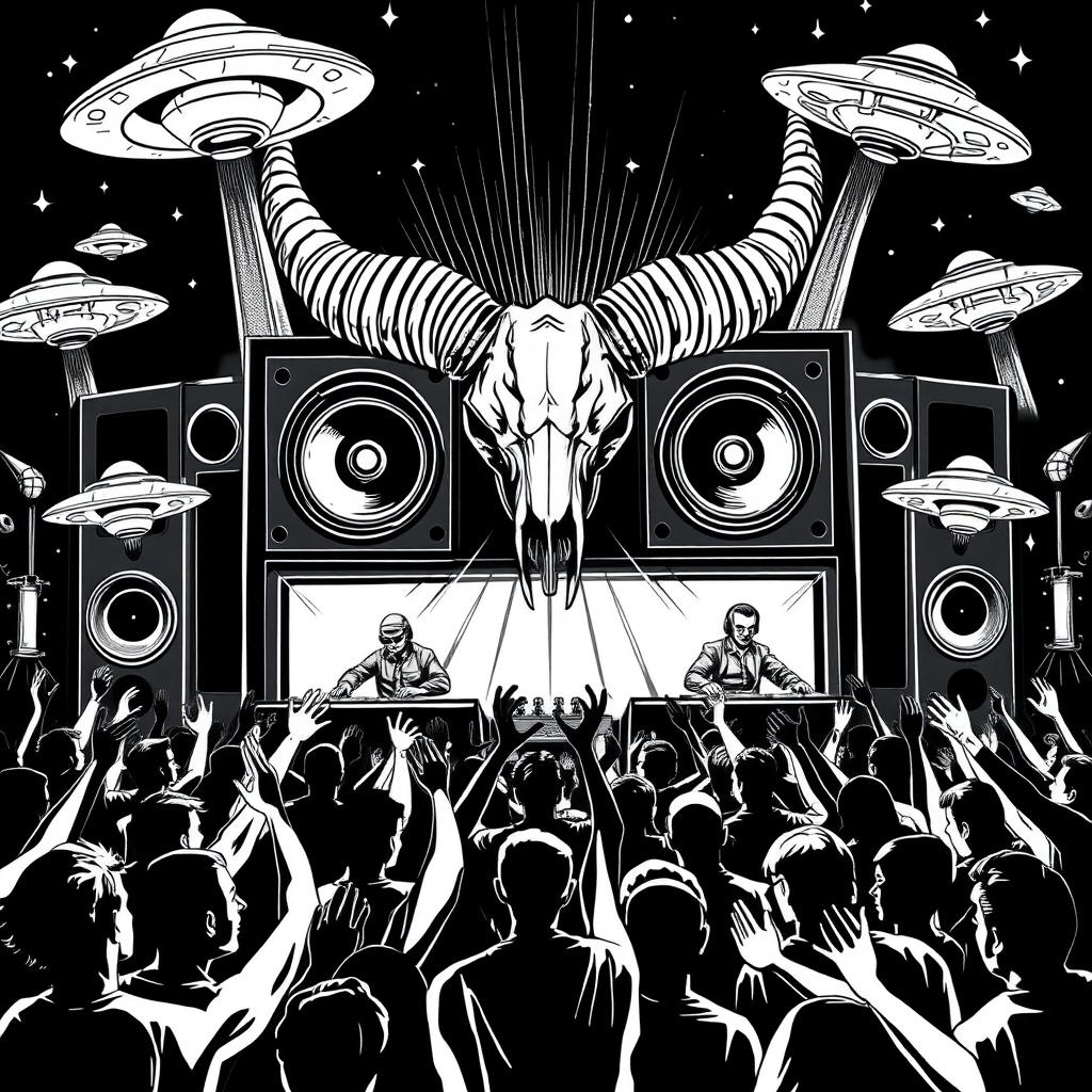 A striking 2D black and white illustration in the freetekno style, showcasing a bold soundsystem with massive speakers and an intricately detailed big ibex skull featuring prominent horns