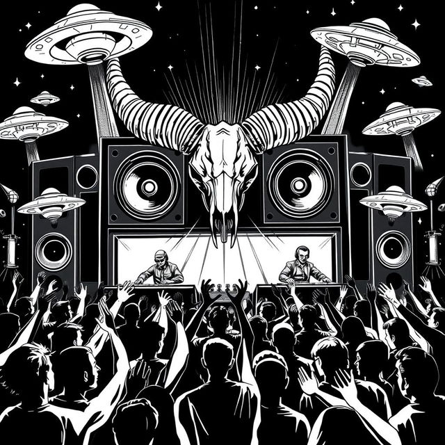 A striking 2D black and white illustration in the freetekno style, showcasing a bold soundsystem with massive speakers and an intricately detailed big ibex skull featuring prominent horns