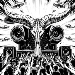 A striking 2D black and white illustration in the freetekno style, showcasing a bold soundsystem with massive speakers and an intricately detailed big ibex skull featuring prominent horns
