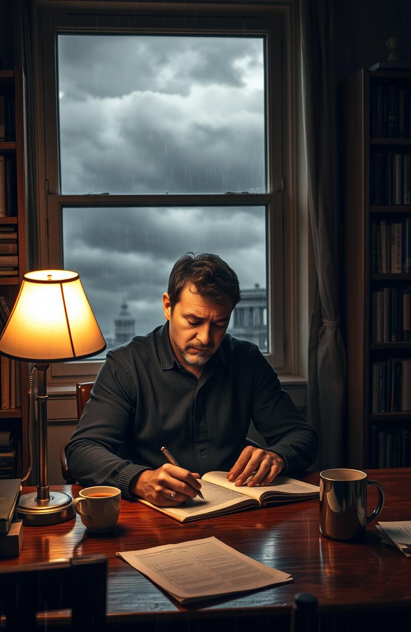 A man sitting at a wooden desk, deeply focused on writing in a notebook