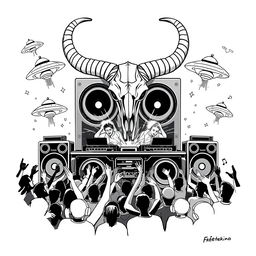 A captivating 2D black and white illustration in the freetekno style, featuring a powerful soundsystem with oversized speakers and a massive ibex skull complete with prominent horns