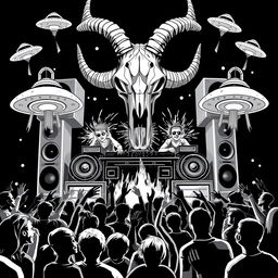 A captivating 2D black and white illustration in the freetekno style, featuring a powerful soundsystem with oversized speakers and a massive ibex skull complete with prominent horns