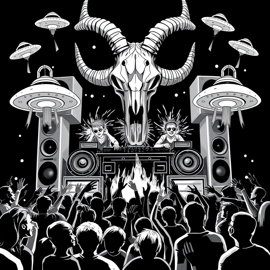 A captivating 2D black and white illustration in the freetekno style, featuring a powerful soundsystem with oversized speakers and a massive ibex skull complete with prominent horns
