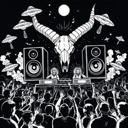 A captivating 2D black and white illustration in the freetekno style, featuring a powerful soundsystem with oversized speakers and a massive ibex skull complete with prominent horns