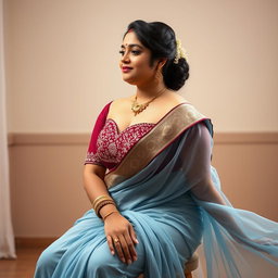A full-body image in a side view of an Indian medium plus-sized 29-year-old Telugu bride named Manjusha, showcasing her hourglass body and lovely face