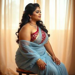 A full-body image in a side view of an Indian medium plus-sized 29-year-old Telugu bride named Manjusha, showcasing her hourglass body and lovely face