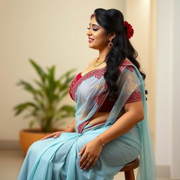 A full-body image in a side view of an Indian medium plus-sized 29-year-old Telugu bride named Manjusha, showcasing her hourglass body and lovely face