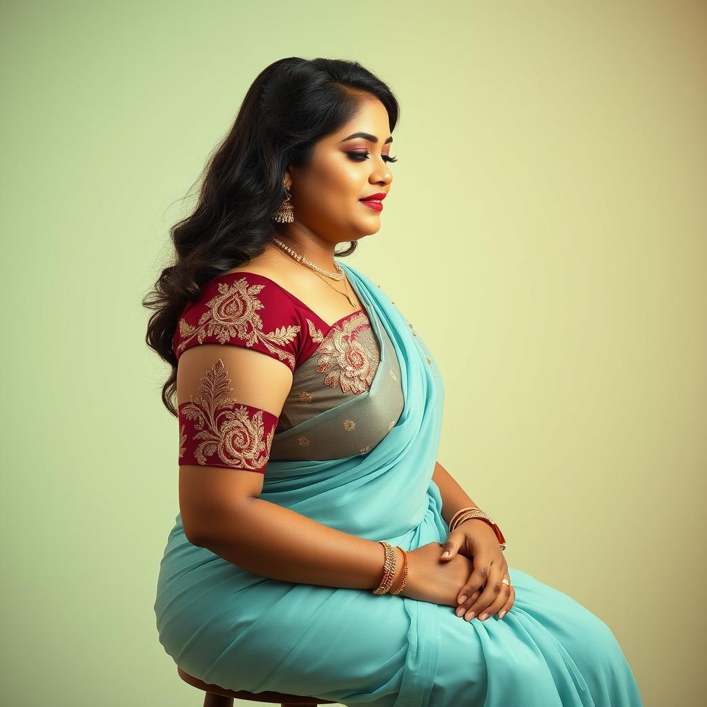 A full-body image in a side view of an Indian medium plus-sized 29-year-old Telugu bride named Manjusha, showcasing her hourglass body and lovely face