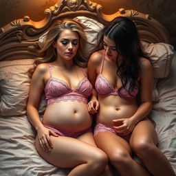 A beautiful and athletic 18-year-old blonde girl with a thin face, peacefully sleeping on a Victorian bed, wearing a tiny pink lace teddy that emphasizes her voluptuous figure including her plump belly and huge soft breasts