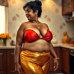 A stunning full-body image in a side view of a voluptuous mature Indian woman, affectionately referred to as 'Aunty', showcasing her dusky skin
