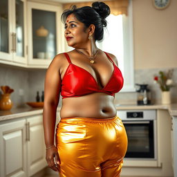 A stunning full-body image in a side view of a voluptuous mature Indian woman, affectionately referred to as 'Aunty', showcasing her dusky skin