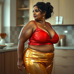A stunning full-body image in a side view of a voluptuous mature Indian woman, affectionately referred to as 'Aunty', showcasing her dusky skin