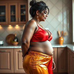 A stunning full-body image in a side view of a voluptuous mature Indian woman, affectionately referred to as 'Aunty', showcasing her dusky skin