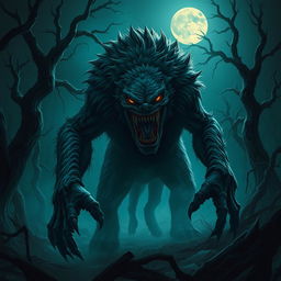 A terrifying monster emerging from a dark forest at night, with glowing eyes and sharp teeth