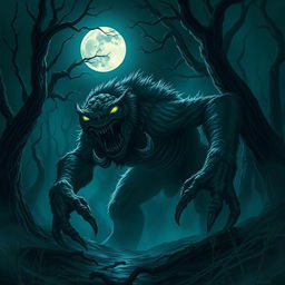 A terrifying monster emerging from a dark forest at night, with glowing eyes and sharp teeth