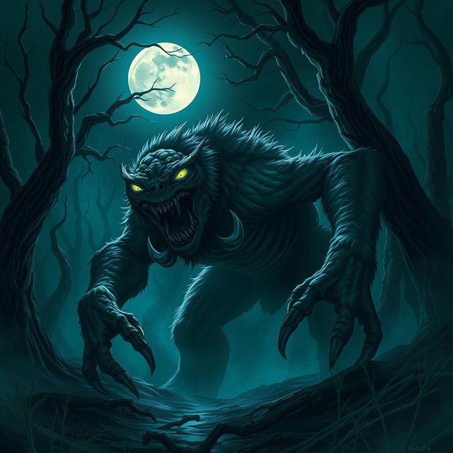 A terrifying monster emerging from a dark forest at night, with glowing eyes and sharp teeth