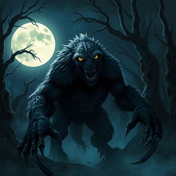 A terrifying monster emerging from a dark forest at night, with glowing eyes and sharp teeth