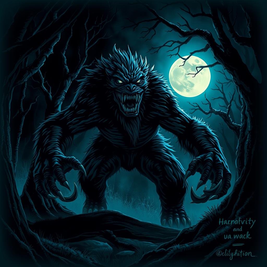 A terrifying monster emerging from a dark forest at night, with glowing eyes and sharp teeth
