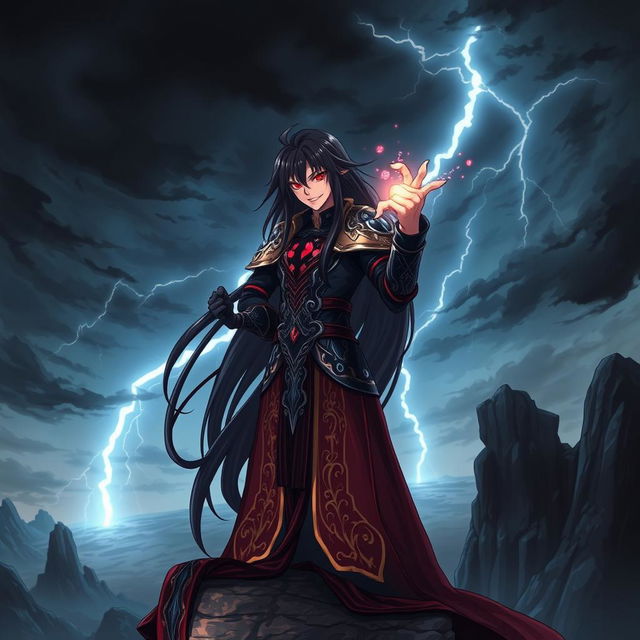 A dramatic and powerful anime villain standing atop a cliff overlooking a dark, stormy landscape