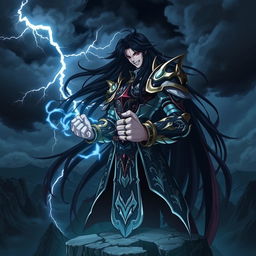 A dramatic and powerful anime villain standing atop a cliff overlooking a dark, stormy landscape