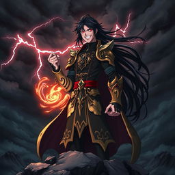 A dramatic and powerful anime villain standing atop a cliff overlooking a dark, stormy landscape