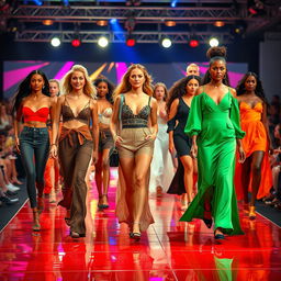 A collection of diverse fashion models showcasing a variety of styles on a vibrant runway