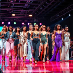 A collection of diverse fashion models showcasing a variety of styles on a vibrant runway