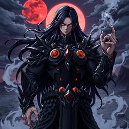 A powerful anime villain with an imposing presence, wearing intricate dark armor adorned with spikes and glowing runes
