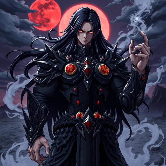 A powerful anime villain with an imposing presence, wearing intricate dark armor adorned with spikes and glowing runes