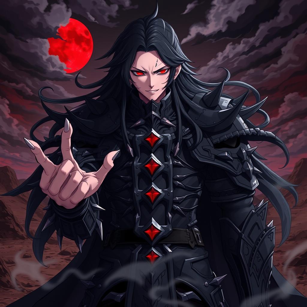 A powerful anime villain with an imposing presence, wearing intricate dark armor adorned with spikes and glowing runes