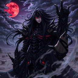 A powerful anime villain with an imposing presence, wearing intricate dark armor adorned with spikes and glowing runes