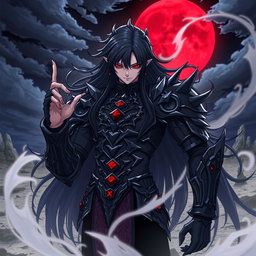 A powerful anime villain with an imposing presence, wearing intricate dark armor adorned with spikes and glowing runes