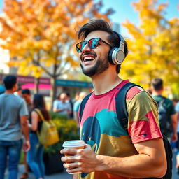 A cheerful man wearing stylish headphones, deeply engaged in music while enjoying a vibrant urban park setting