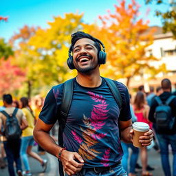 A cheerful man wearing stylish headphones, deeply engaged in music while enjoying a vibrant urban park setting