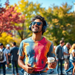 A cheerful man wearing stylish headphones, deeply engaged in music while enjoying a vibrant urban park setting