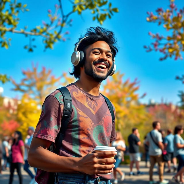 A cheerful man wearing stylish headphones, deeply engaged in music while enjoying a vibrant urban park setting