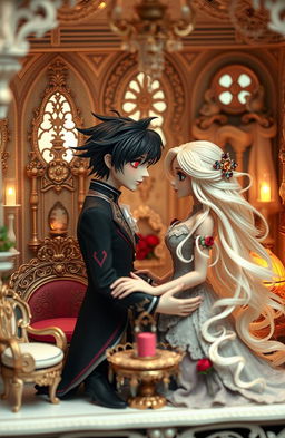 A beautifully intricate dollhouse set in a whimsical and enchanting world, controlled by a majestic goddess who has an intense obsession with her creation