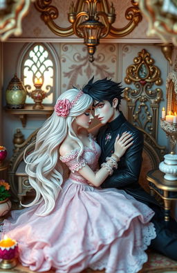 A beautifully intricate dollhouse set in a whimsical and enchanting world, controlled by a majestic goddess who has an intense obsession with her creation