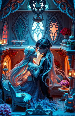 A beautifully intricate dollhouse set in a whimsical and enchanting world, controlled by a majestic goddess who has an intense obsession with her creation