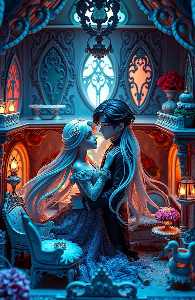 A beautifully intricate dollhouse set in a whimsical and enchanting world, controlled by a majestic goddess who has an intense obsession with her creation