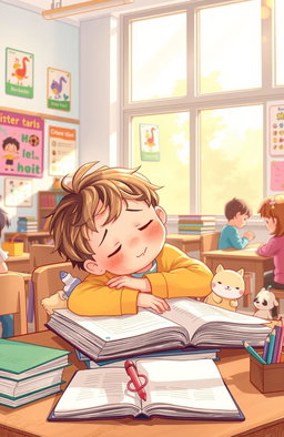 An illustration of a classroom with a cozy atmosphere, featuring a little pupil who appears to be around grade 2 age, comfortably asleep at their desk during class