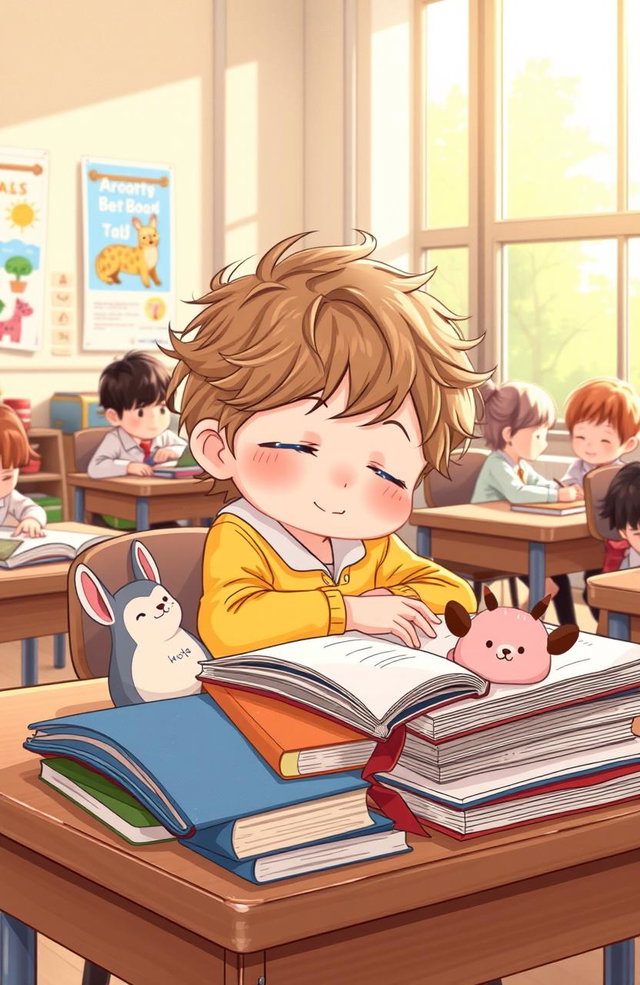 An illustration of a classroom with a cozy atmosphere, featuring a little pupil who appears to be around grade 2 age, comfortably asleep at their desk during class