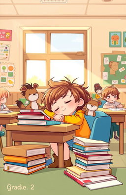 An illustration of a classroom with a cozy atmosphere, featuring a little pupil who appears to be around grade 2 age, comfortably asleep at their desk during class