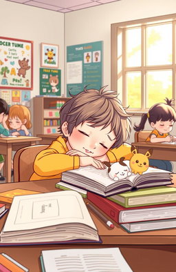 An illustration of a classroom with a cozy atmosphere, featuring a little pupil who appears to be around grade 2 age, comfortably asleep at their desk during class