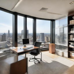 A well-lit, spacious office with sleek modern furniture, a large desk filled with neat stacks of paperwork, a high-end computer, bookshelves lined with industry-related books, and a panoramic window view of a bustling city.